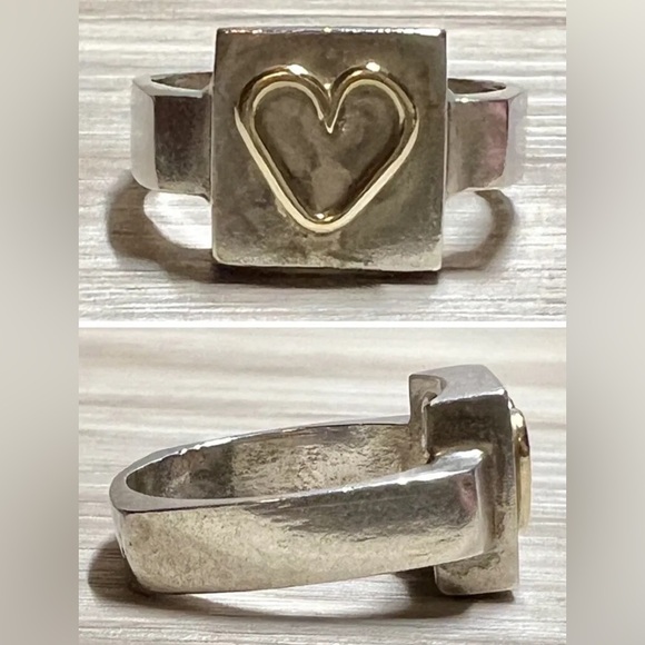 Vintage Heavy Handmade Sterling Silver & Gold Square Heart Ring, Size 7.75, 6.5g - Picture 1 of 11